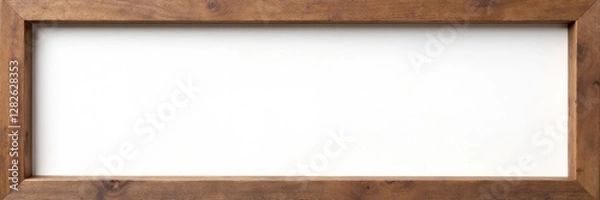 Fototapeta Aged horizontal wood picture frame, canvas removed Clean white backdrop , narrow, home decor, empty