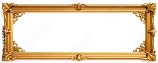 Fototapeta Ancient flat golden frame cutout; decorative element, isolated on white , template, line, empty