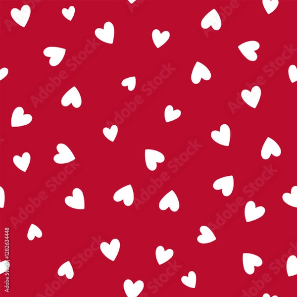 Fototapeta All over seamless vector repeat pattern with ditsy small white hand drawn doodle hearts tossed on red background. Simple cute Valentines day background