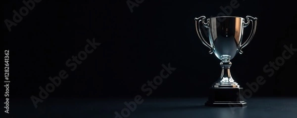 Fototapeta Black background with a glass trophy partially reflected in a metallic surface, metal, sleek