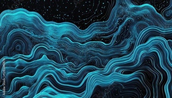 Fototapeta Abstract blue waves flowing, digital art, dark background, tech design
