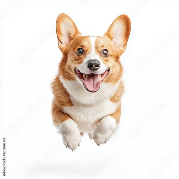 Obraz Happy Corgi Dog Leaps Against White Background