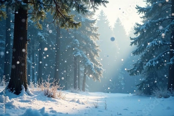 Fototapeta Snowflakes fall gently on a serene winter forest landscape with tree branches, gentle, forest, evergreen