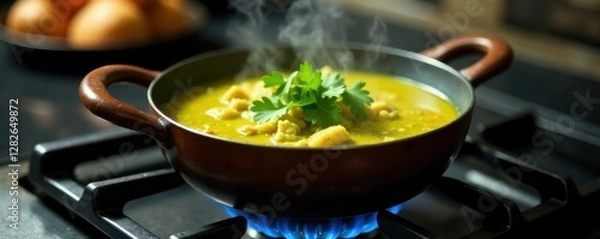 Fototapeta Steaming green curry in pot atop a gas stove Intense close-up , basil, authentic, seafood