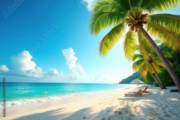 Fototapeta Sun-drenched beach, palm trees sway gently in breeze, ocean, palm leaves, summer