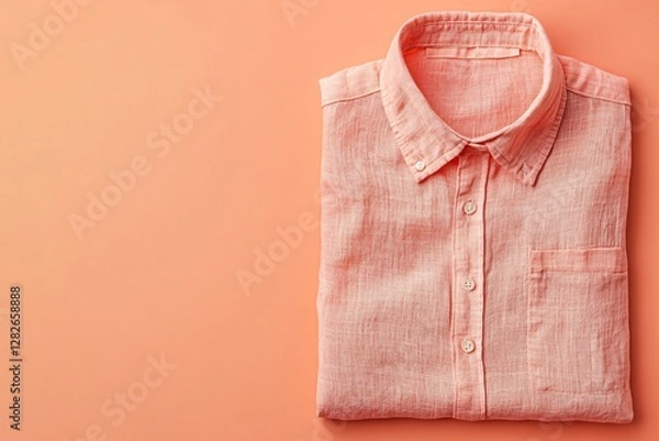 Fototapeta A folded peach colored button down shirt on peach background