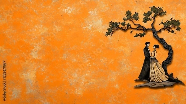 Fototapeta Silhouette Couple Embracing Under Tree Against Textured Orange Background