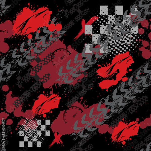 Fototapeta Abstract seamless pattern for girls, boys, clothes. Creative vector background with car, geometric figures,stripes, speedometer.Funny wallpaper for textile and fabric. Fashion style. Colorful bright.