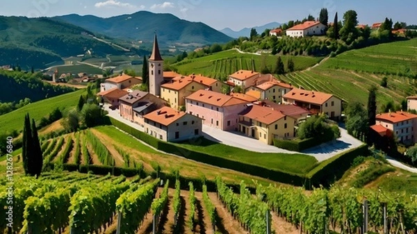 Obraz Smartno townscape and vineyards in Goriska Brda countryside region of Slovenia .