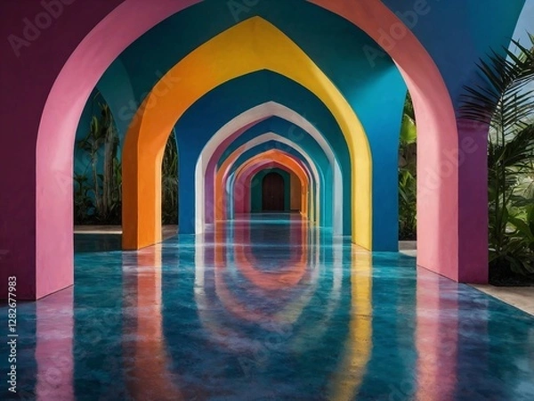 Fototapeta Surreal and immersive architecture with colorful arched doorways. Generative AI.