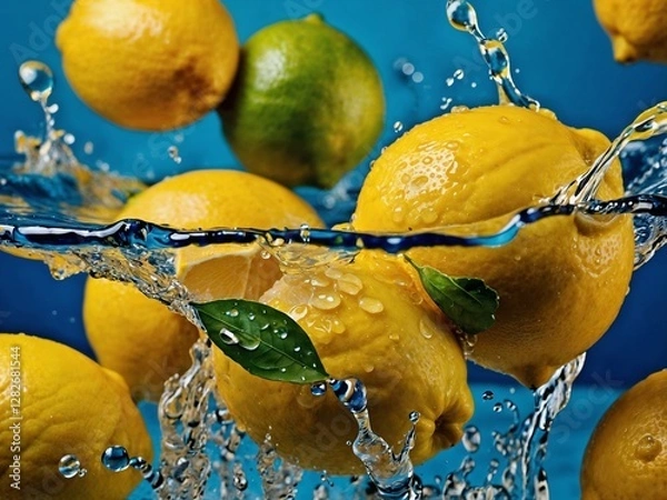 Fototapeta A refreshing scene of bright yellow lemons splashing into water. Generative AI.