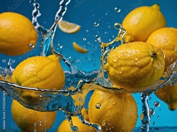 Fototapeta A refreshing scene of bright yellow lemons splashing into water. Generative AI.