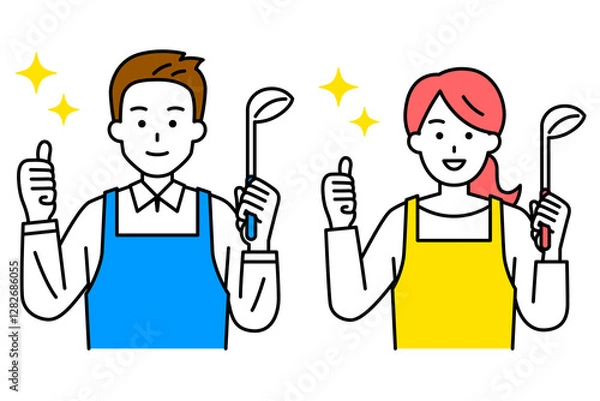 Fototapeta おたまを持ってグッドサインをするエプロン姿の男女