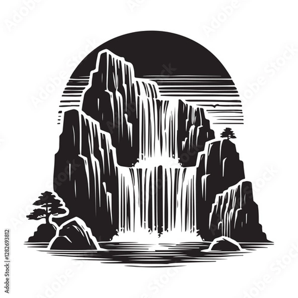 Fototapeta Waterfall with rocks Silhouette Vector Illustration, Solid White Background.