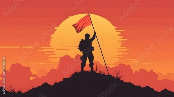 Fototapeta Silhouette of a soldier on a hilltop, standing with a flag against a vibrant sunset, symbolizing bravery and triumph.
