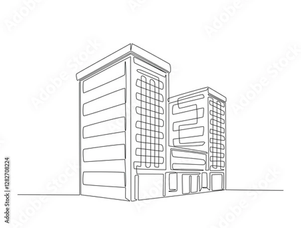 Fototapeta Continuous line art drawing of modern building illustration. High rise building in one line drawing vector illustration. Editable stroke.