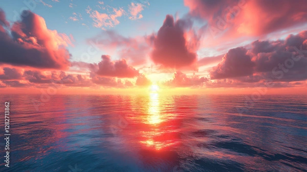 Obraz Serene ocean at sunset, with the sun casting its golden glow over the peaceful water