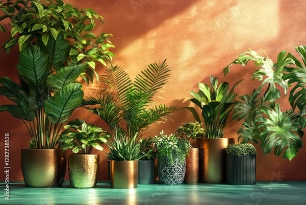 Fototapeta A carefully arranged digital rendering of vibrant green plants, placed in geometric and metallic pots, creating a stylish composition.