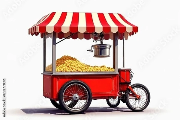 Fototapeta Detailed creative vector illustration on street food vending cart with popcorn machine
