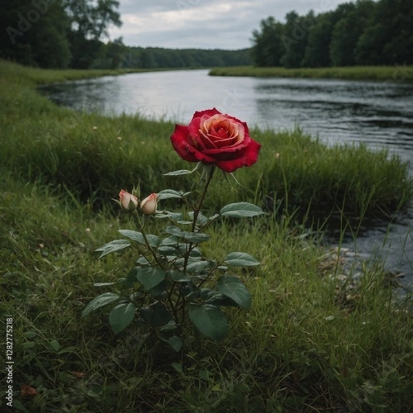 Obraz A two-toned rose, half white and half red, surrounded by soft green grass near a tranquil river.