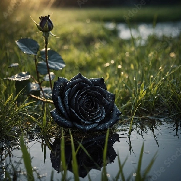 Obraz A black rose with golden highlights in dewy grass, reflecting over a still water background.