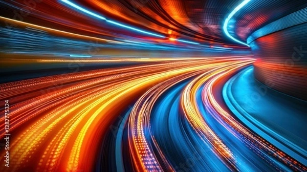 Fototapeta Light trails in tunnel, speed and motion blur, urban transport concept