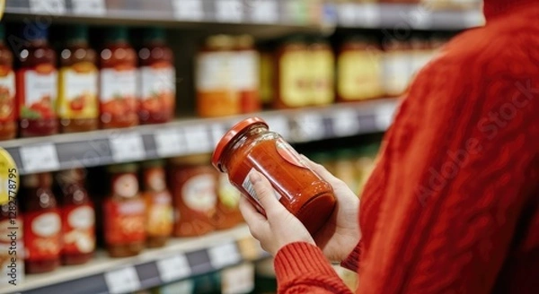 Fototapeta Person in store holding jar of tomato sauce front shelf with sauces