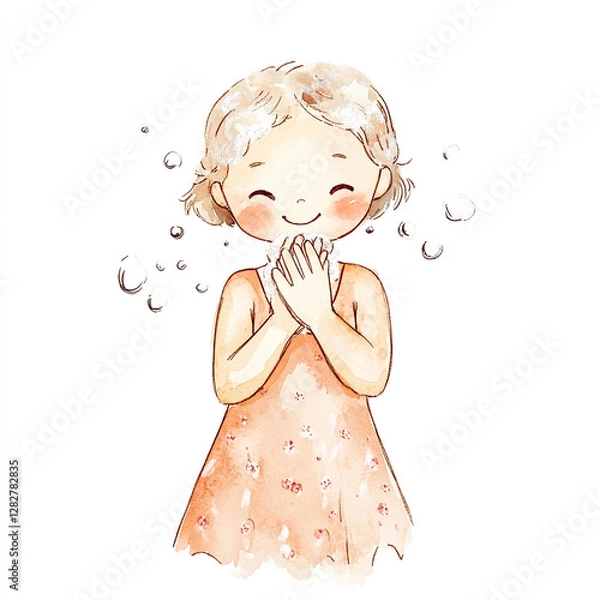 Obraz I Wash My Hands - Minimal Isolated Watercolor Illustration of Cute Hygiene Practices with Soft Colors and Playful Design for Health and Cleanliness Themes