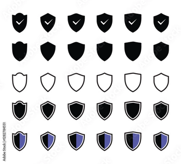Fototapeta Set of security shield icons. Collection of shield icon with check mark or security shield protection icon with tick symbol. shield icon in fill and outline style. Security symbols Vector illustration