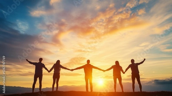 Obraz Group stands on top of mountain with arms raised in victory,sunset,triumph over challenges,banner.