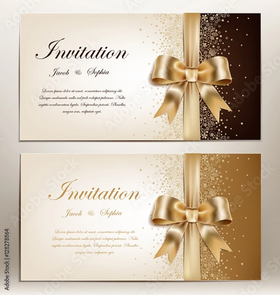 Fototapeta tow pretty wedding invitation with golden ribbon and bow.