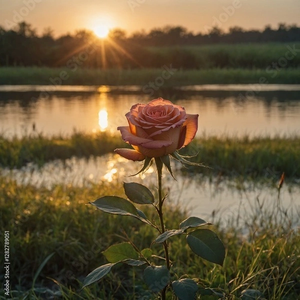Obraz A rose in grass illuminated by golden sunrise light, with a peaceful lake behind.