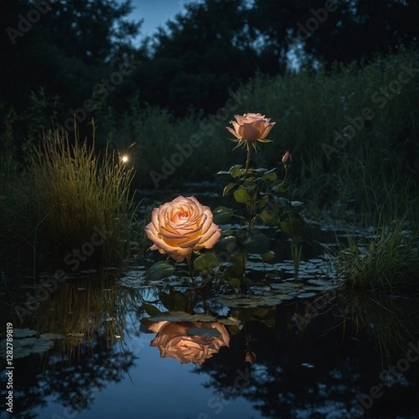 Obraz A glowing rose in moonlight, standing in tall grass with reflections in a quiet pond.