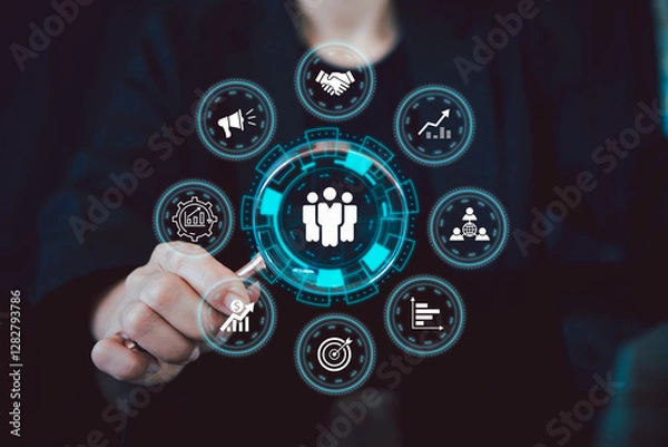 Fototapeta Digital interface illustrating human resource management with business icons, symbolizing modern workplace efficiency and strategy.