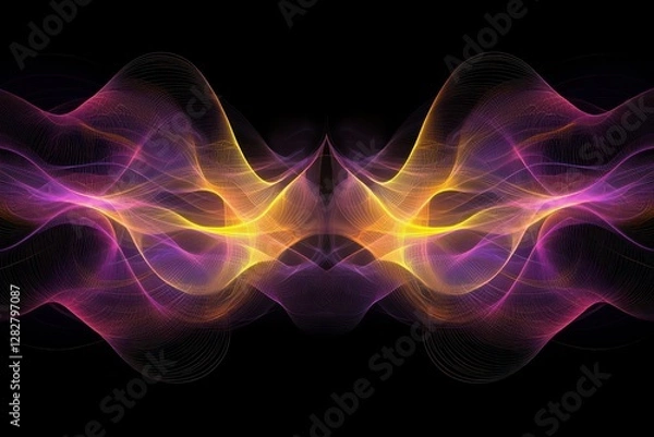 Fototapeta Yellow and magenta neon lines craft symmetrical wave patterns across a pitch-black environment, subtly radiating gradients.