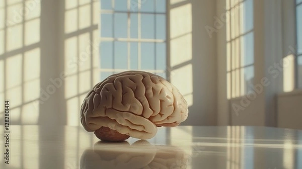 Fototapeta Close-up of Human Brain Model with Visible Crack on White Background, Symbolizing Brain Injury, Under Natural Light with Ample Copy Space