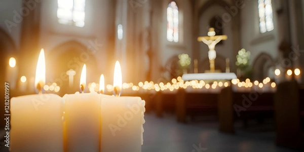 Obraz Lit candles in a church, crucifix in the background, soft sunlight streaming through stained-glass windows.  Peaceful worship scene, ideal for religious themes