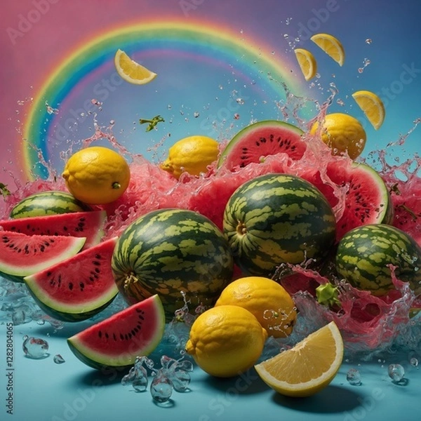 Fototapeta "A surreal composition of floating fruits—watermelons, lemons, and dragon fruits—against a swirling rainbow background with a painterly texture."