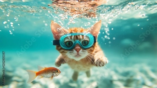 Fototapeta Subaquatic Kitten Adventure: A Ginger Cat's Underwater Exploration