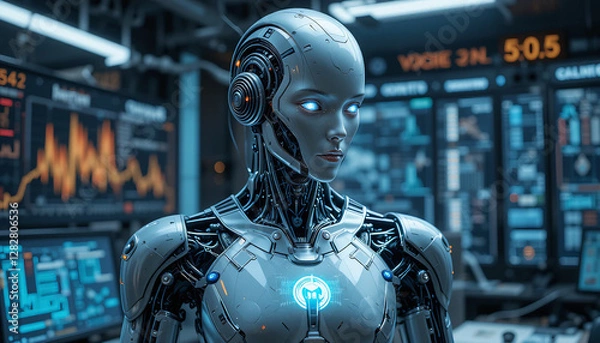 Fototapeta Futuristic AI Humanoid Robot: Data Analysis in a High-Tech Control Room