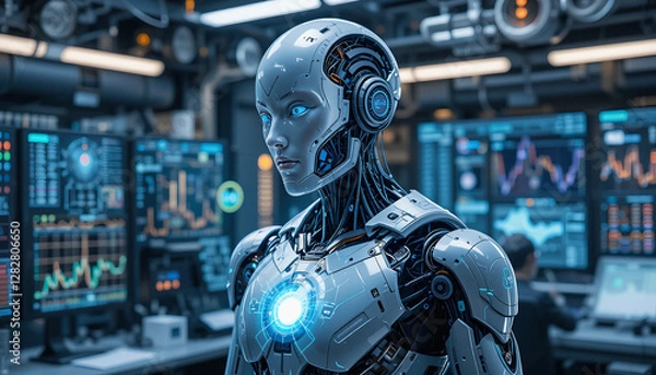 Fototapeta Next-Gen AI Robot with Holographic Display in a Futuristic Command Center