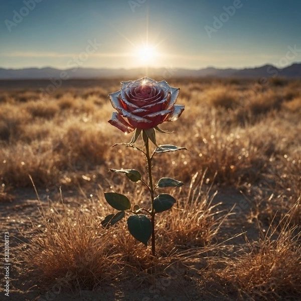 Fototapeta A rose in dry, sunlit grass with a shimmering mirage over a desert lake.