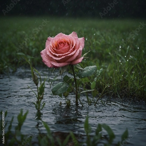 Obraz A rose in grass during a light drizzle, soft ripples forming in the water behind.