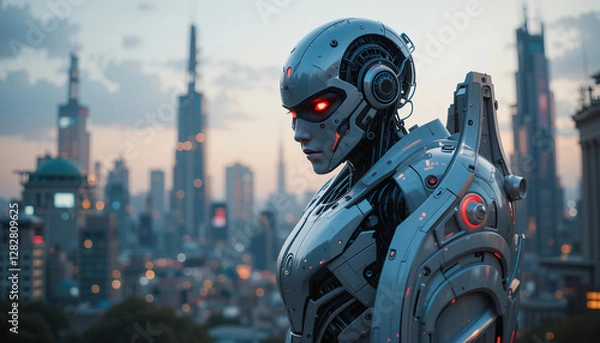 Fototapeta Battle-Ready AI Robot: Futuristic Warrior in a Dystopian City