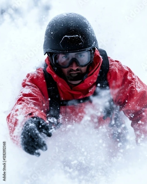 Fototapeta Snowboarder navigating through fresh powder snow.
