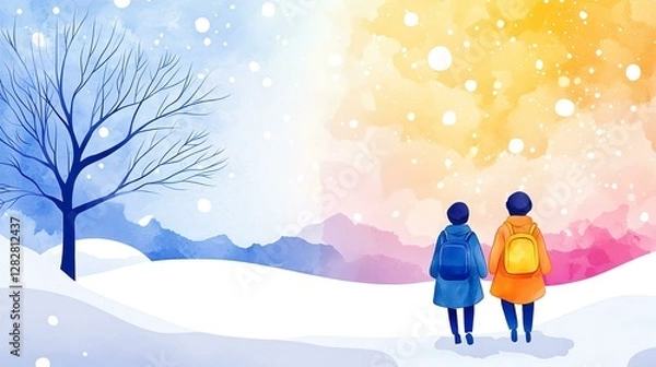 Fototapeta Two figures contemplating a snowy landscape.