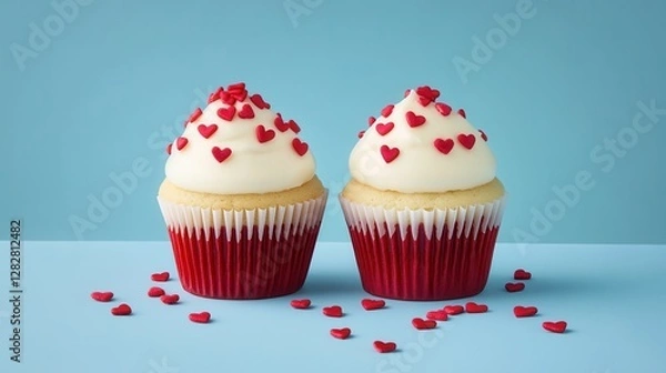 Fototapeta Two delectable cupcakes, their surfaces adorned with vibrant red heart-shaped sprinkles, nestled against a backdrop of serene blue. A celebration of sweetness and joy, ready to be savored.