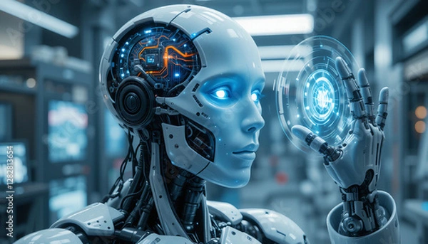 Fototapeta Advanced AI Robot with Transparent Skull and Neural Processor Interaction