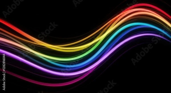 Fototapeta Neon rainbow waves, glowing light trails, dark background, vibrant colors, curving lines, pride flag colors, abstract digital art, glossy finish, colorful energy flow, sleek design, dynamic compositio