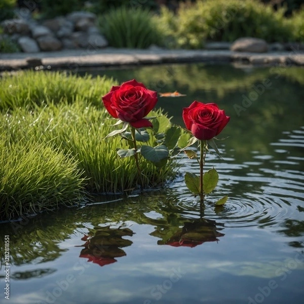 Obraz A single red rose in fresh grass by a koi pond with fish swimming in the background.
